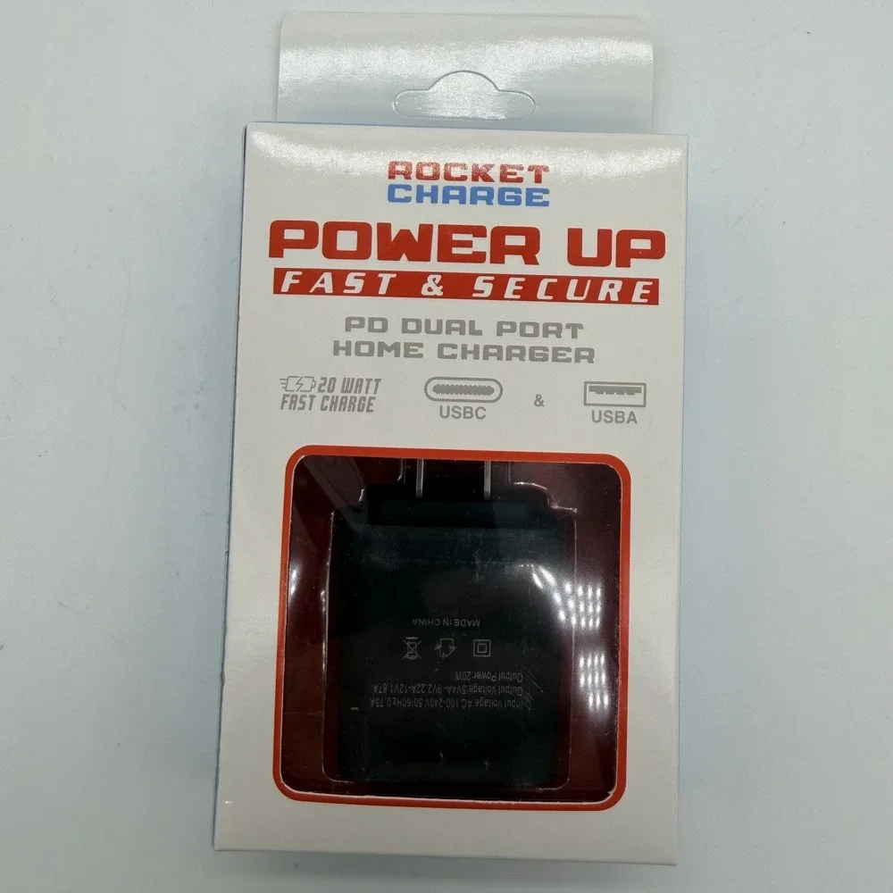 Rocket Charge Fast & Secure Power Adapter Black 20W PD Dual Port USB-C & USB-A
